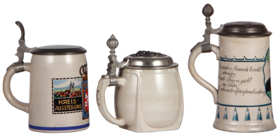 Three stoneware steins, .5L, transfer & hand-painted, 1810 - 1910, Kreis Ausstellung, Regensburg, pewter lid, 2'' hairline, pewter tear; with, .5L, music scene, 1912 - 1913, pewter lid, rim chips and hairline; with, .5L, man with beer stein, pewter lid, f - 3