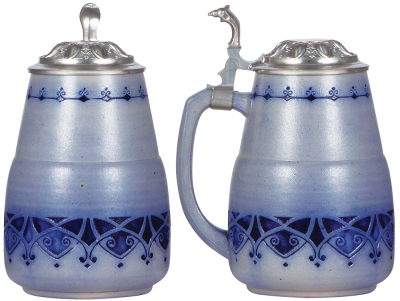 Stoneware stein, 1.0L, relief, marked 636, blue saltglaze, Art Nouveau, pewter lid, mint. - 2