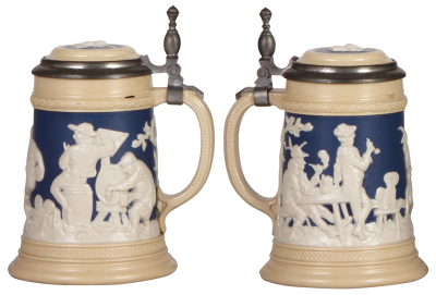 Three Mettlach steins, .5L, 2182, relief; with, two, .3L, 2211, relief, inlaid lids, all mint. - 2