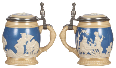 Three Mettlach steins, .5L, 2182, relief; with, two, .3L, 2211, relief, inlaid lids, all mint. - 3