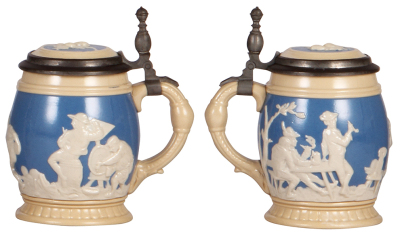 Three Mettlach steins, .5L, 2182, relief; with, two, .3L, 2211, relief, inlaid lids, all mint. - 4