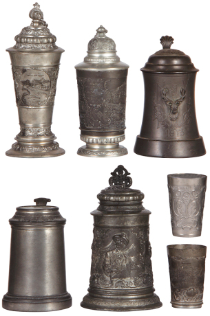Pewter group, seven items, .5L, St. Louis souvenir, scratches; .3L, relief, Marienburg, good condition; .5L, Elks 1913, relief lid, glass bottom, small base dent; .5L, dice under glass inlay, some wear; .5L, relief, hunter, some wear; beaker, 3.5" ht., Le