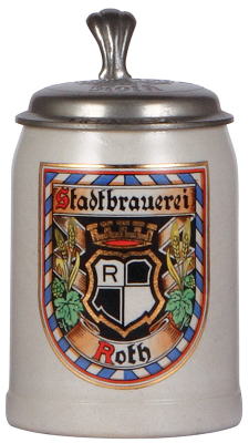 Stoneware stein, .5L, transfer & hand-painted, marked Wick-Werke, Stadtbrauerei Roth, matching relief pewter lid, mint.