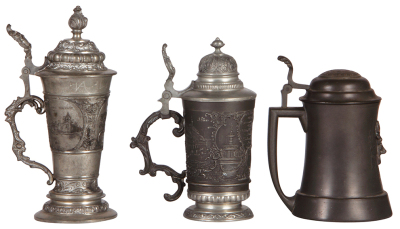 Pewter group, seven items, .5L, St. Louis souvenir, scratches; .3L, relief, Marienburg, good condition; .5L, Elks 1913, relief lid, glass bottom, small base dent; .5L, dice under glass inlay, some wear; .5L, relief, hunter, some wear; beaker, 3.5" ht., Le - 5