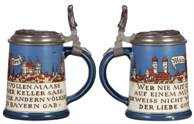 Two Mettlach steins, .5L, 2002, etched, relief pewter lid, interior glaze browning; with, .5L, 1997, etched, inlaid lid, 1" hairline in rear. - 2