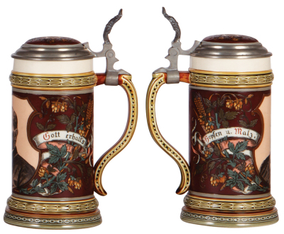 Two Mettlach steins, .5L, 2002, etched, relief pewter lid, interior glaze browning; with, .5L, 1997, etched, inlaid lid, 1" hairline in rear. - 3