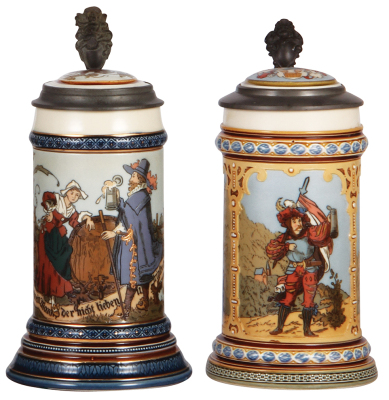 Two Mettlach steins, .5L, 2230, etched, inlaid lid, music box, small chip on underside; with, .5L, 2003, etched, inlaid lid, good repair to handle & inside base.