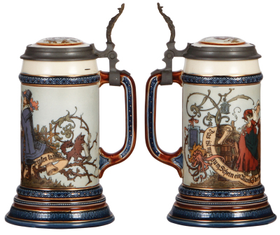 Two Mettlach steins, .5L, 2230, etched, inlaid lid, music box, small chip on underside; with, .5L, 2003, etched, inlaid lid, good repair to handle & inside base. - 2