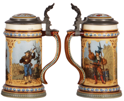Two Mettlach steins, .5L, 2230, etched, inlaid lid, music box, small chip on underside; with, .5L, 2003, etched, inlaid lid, good repair to handle & inside base. - 3