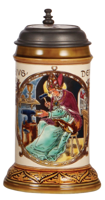 Mettlach stein, .5L, 2726, etched & glazed, inlaid lid, Goldsmith Occupation, very good repair of base chips.