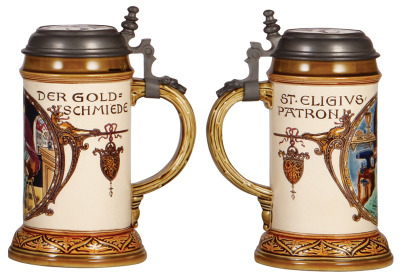 Mettlach stein, .5L, 2726, etched & glazed, inlaid lid, Goldsmith Occupation, very good repair of base chips. - 2