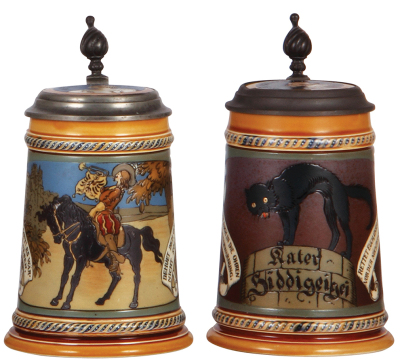 Two Mettlach steins, .5L, 2008, etched, inlaid lid, by F. Stuck, pewter rim holding inlay repaired, body mint; with, .5L, 2007, etched, inlaid lid, by F. Stuck, inlay cracks.