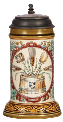 Mettlach stein, .5L, 2728, etched & glazed, inlaid lid, Brewer Occupation, lid is a new correct replacement, inlay color change on underside, body mint.