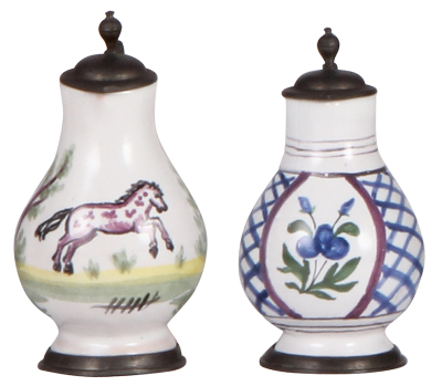 Two miniature faience steins, 4.2" ht., marked Fischer, early 1900s, pewter lids, very good condition.