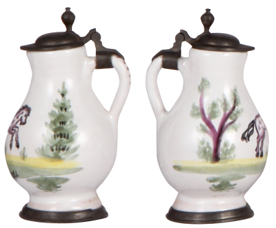 Two miniature faience steins, 4.2" ht., marked Fischer, early 1900s, pewter lids, very good condition. - 2