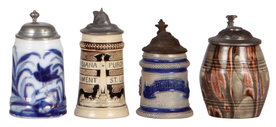 Four miniature steins, 3.5" to 4.0" ht., porcelain, blue & gold, bird; pottery, Louisiana Purchase Monument; stoneware, Wohl bekomm's; porcelain; all with pewter lids, 3rd. has a .3" chip inside top rim, 2nd. has a dented lid, all are otherwise mint.