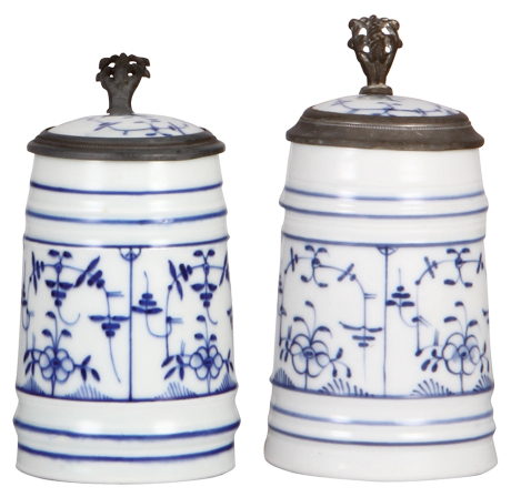 Two porcelain steins, .5L, hand-painted, onion pattern, inlaid lids, lithophanes, mint.