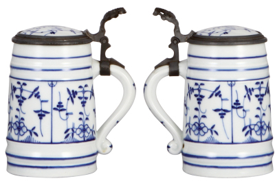 Two porcelain steins, .5L, hand-painted, onion pattern, inlaid lids, lithophanes, mint. - 2