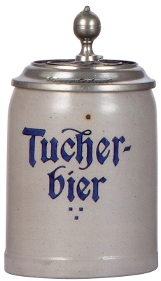 Stoneware stein, .5L, transfer & hand-painted, Tucher Bier, relief pewter lid: Freiherrl. Tucher Brauerei, Nürnberg, mint.
