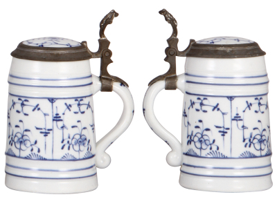 Two porcelain steins, .5L, hand-painted, onion pattern, inlaid lids, lithophanes, mint. - 3