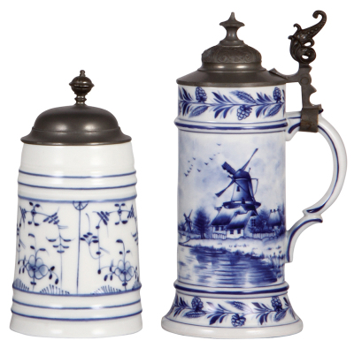 Two porcelain steins, .5L, hand-painted, onion pattern, lithophane, pewter lid, mint; with, .5L, transfer & hand-painted, windmill, pewter lid, mint.