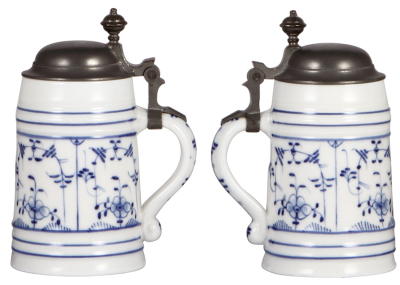 Two porcelain steins, .5L, hand-painted, onion pattern, lithophane, pewter lid, mint; with, .5L, transfer & hand-painted, windmill, pewter lid, mint. - 2