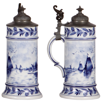 Two porcelain steins, .5L, hand-painted, onion pattern, lithophane, pewter lid, mint; with, .5L, transfer & hand-painted, windmill, pewter lid, mint. - 3