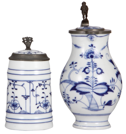Two porcelain steins, .5L, hand-painted, onion pattern, inlaid lid, lithophane, 1" line at top rim; with, 1.0L, hand-painted, inlaid lid, mint.