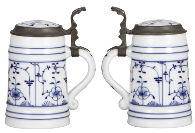 Two porcelain steins, .5L, hand-painted, onion pattern, inlaid lid, lithophane, 1" line at top rim; with, 1.0L, hand-painted, inlaid lid, mint. - 2