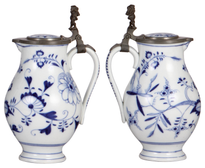 Two porcelain steins, .5L, hand-painted, onion pattern, inlaid lid, lithophane, 1" line at top rim; with, 1.0L, hand-painted, inlaid lid, mint. - 3