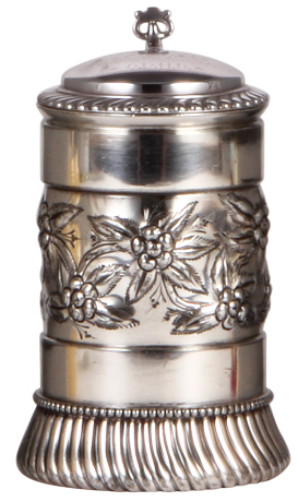 Silver-plated stein, .5L, relief flowers, glass bottom, inscription on lid: 1877 - 1902, minor scratches.