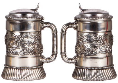 Silver-plated stein, .5L, relief flowers, glass bottom, inscription on lid: 1877 - 1902, minor scratches. - 2