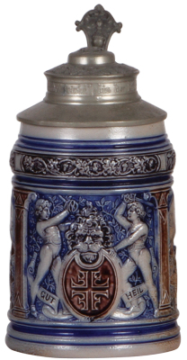 Stoneware stein, .5L, relief, marked 148, blue & purple saltglazes, 4F, Gut Heil, gymnastics side scenes, pewter lid with relief 4F, loose hinge, body mint.