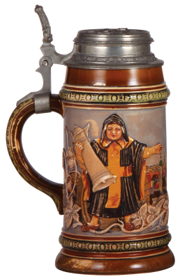 Pottery stein, 1.0L, etched, marked H.R., 525, by Hauber & Reuther, pewter lid, wear & small flakes.