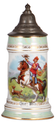 Porcelain steins, .5L, transfer & hand-painted, rider, lithophane has a line, replaced old pewter lid