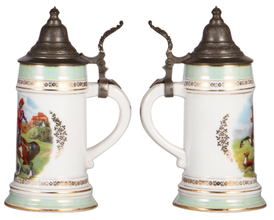 Porcelain steins, .5L, transfer & hand-painted, rider, lithophane has a line, replaced old pewter lid - 2