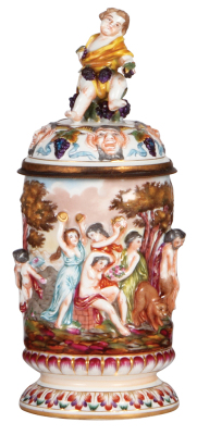 Porcelain stein, .5L, 9.6" ht., hand-painted & relief, marked N with crown, Capo-di-Monte, porcelain lid, finial repaired, chip inside lid.
