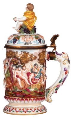 Porcelain stein, .5L, 9.6" ht., hand-painted & relief, marked N with crown, Capo-di-Monte, porcelain lid, finial repaired, chip inside lid. - 2