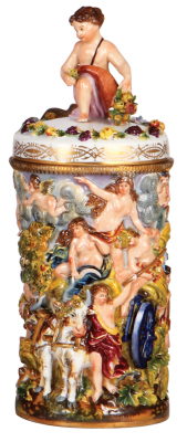 Porcelain stein, 1.0L, 11.2" ht., hand-painted & relief, marked N with crown, Capo-di-Monte, porcelain lid, a few flakes on the relief.