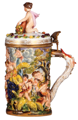 Porcelain stein, 1.0L, 11.2" ht., hand-painted & relief, marked N with crown, Capo-di-Monte, porcelain lid, a few flakes on the relief. - 2