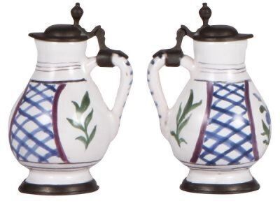 Two miniature faience steins, 4.2" ht., marked Fischer, early 1900s, pewter lids, very good condition. - 3