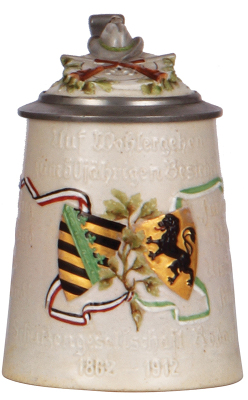 Pottery stein, .5L, relief & hand-painted, marked Max Roesler, Schützengesellschaft Rodach, 1862 - 1912, inlaid lid, excellent repair of a very small base chip.