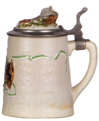 Pottery stein, .5L, relief & hand-painted, marked Max Roesler, Schützengesellschaft Rodach, 1862 - 1912, inlaid lid, excellent repair of a very small base chip. - 2