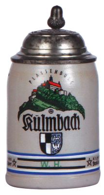 Stoneware stein, .3L, transfer & hand-painted, Plassenburg, Kulmbach, Kulmbacher Brauerei, relief pewter lid, mint.