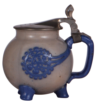 Stoneware stein, .5L, relief, marked 1757, R. Merkelbach, by R. Riemerschmid, blue saltglaze, pewter lid, mint.