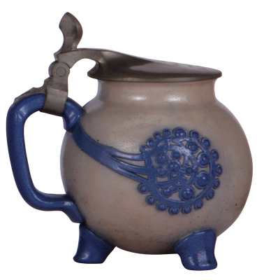 Stoneware stein, .5L, relief, marked 1757, R. Merkelbach, by R. Riemerschmid, blue saltglaze, pewter lid, mint. - 2