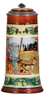 Pottery stein, .5L, etched, marked J. W. R., 896, by J. Remy, inlaid lid, mint.