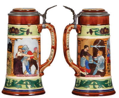Pottery stein, .5L, etched, marked J. W. R., 896, by J. Remy, inlaid lid, mint. - 2