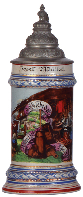 Stoneware stein, .5L, transfer & hand-painted, Occupational Käser [Cheese Maker], pewter lid, mint.