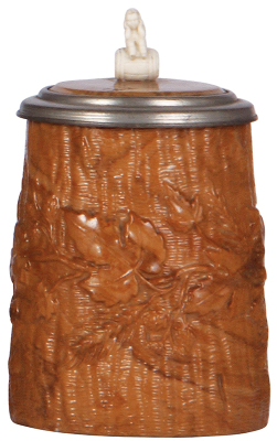 Stoneware stein, .5L, relief, marked P. & S., inlaid lid with figural Parian finial, mint.